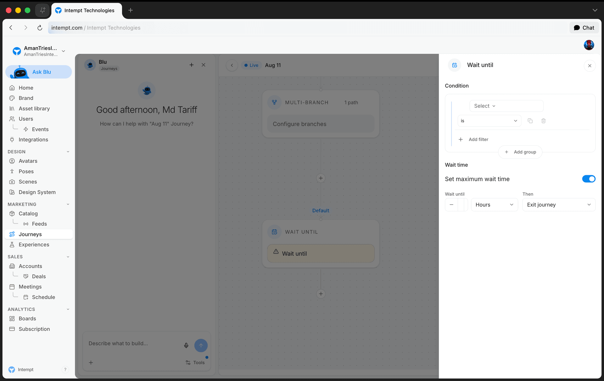 wait until config panel conditions wait time action - journey blocks - Intempt documentation