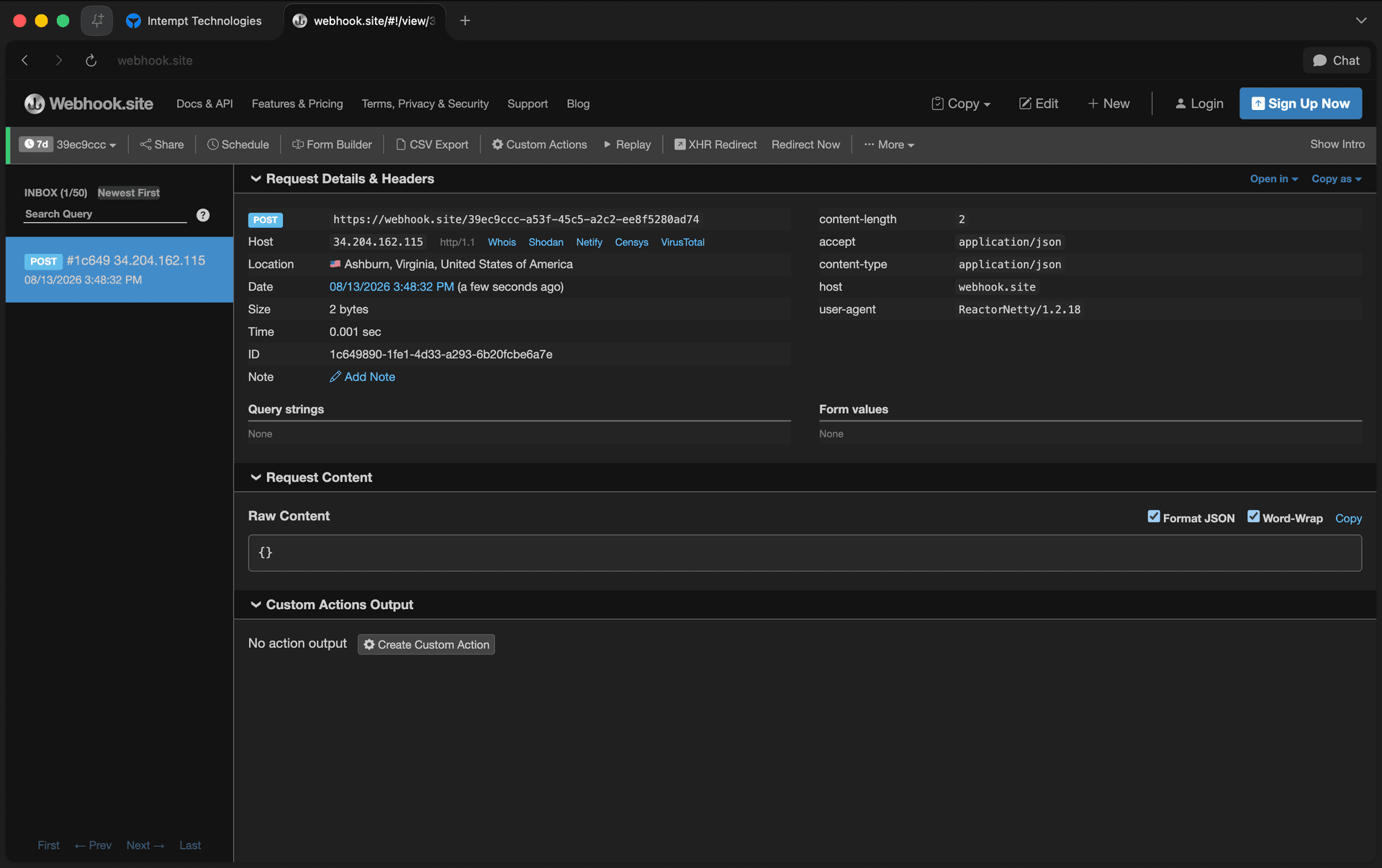 webhook site received test request - journey blocks - Intempt documentation