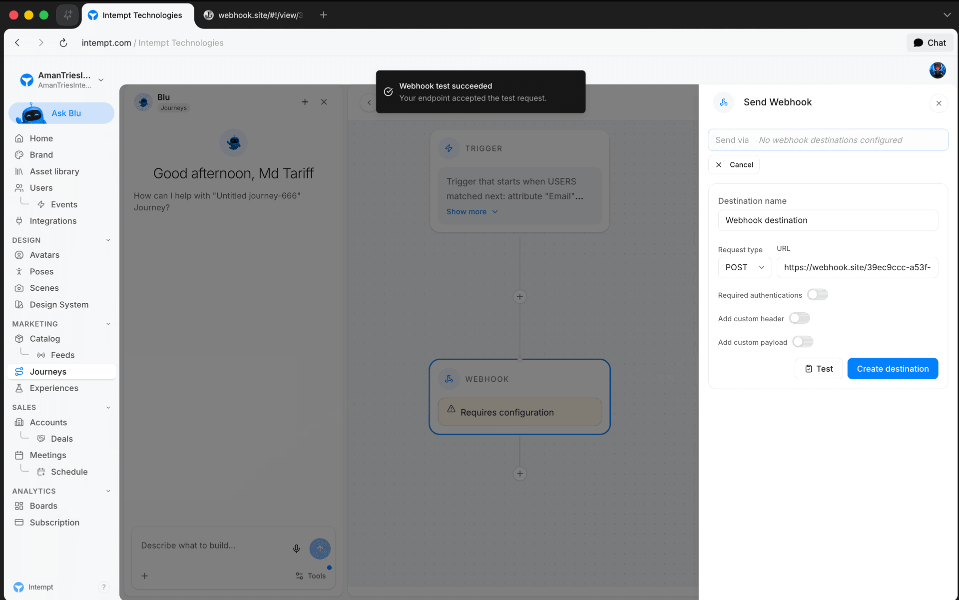 webhook test succeeded toast - journey blocks - Intempt documentation