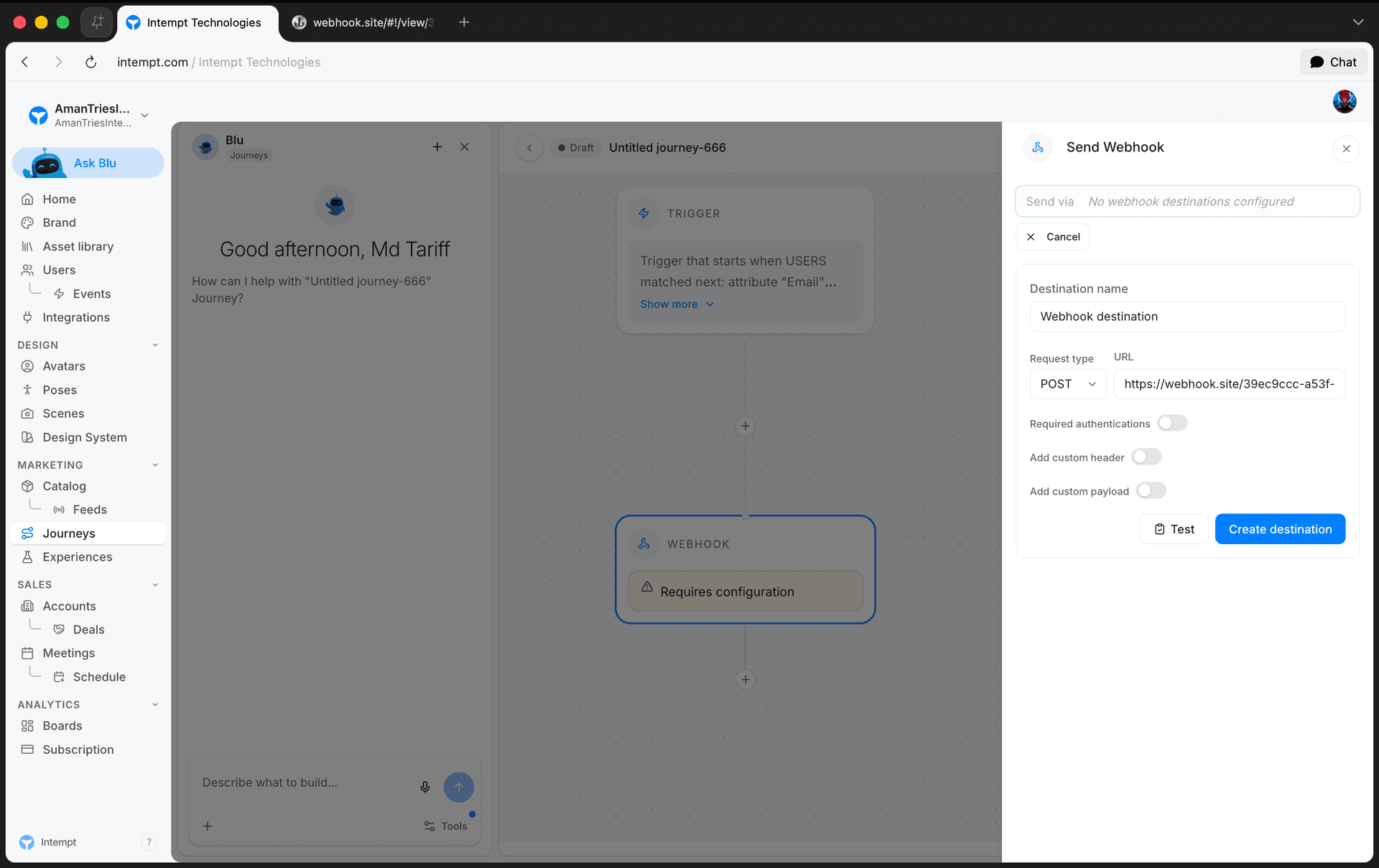 webhook url configured for testing - journey blocks - Intempt documentation