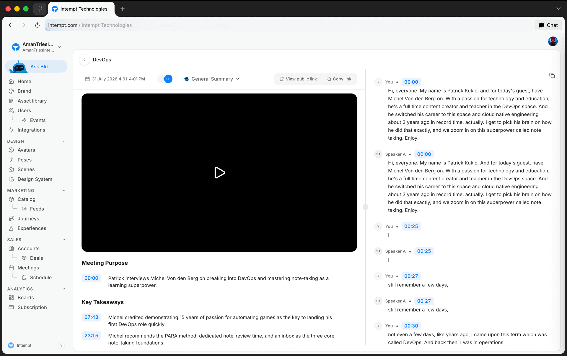 meeting details ai summary selector bulleted sections - ai call summaries and key moments - Intempt documentation