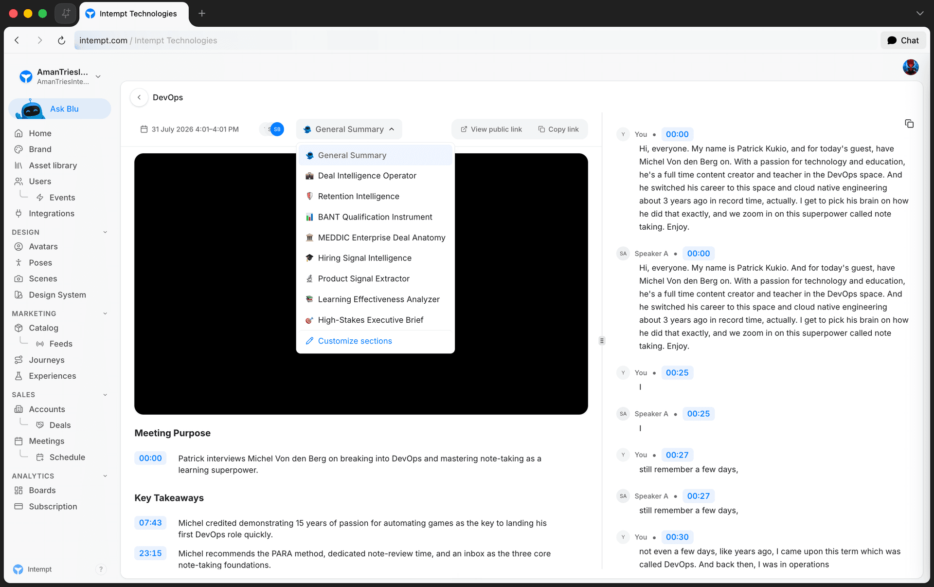 summary type dropdown 9 templates customize sections - ai call summaries and key moments - Intempt documentation
