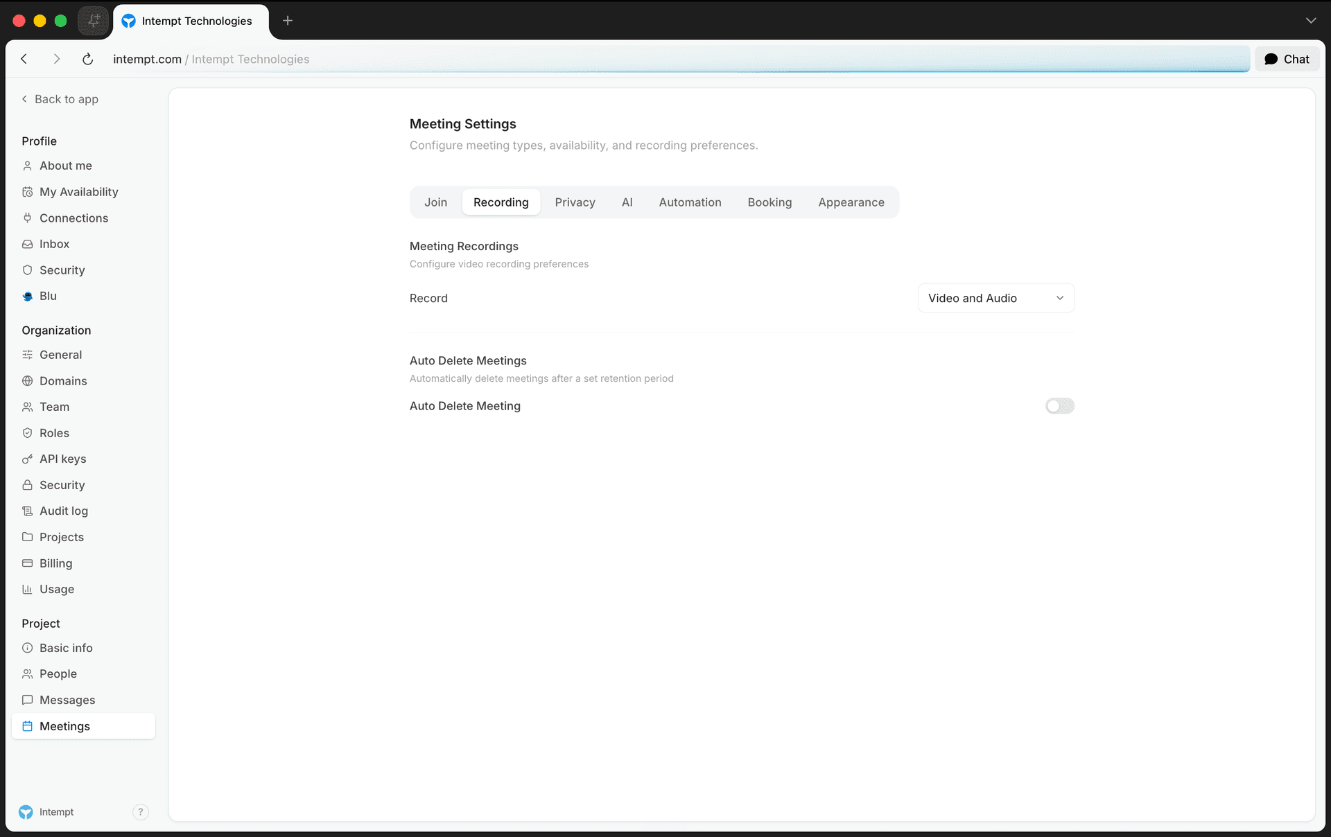recording tab record dropdown auto delete toggle - setting up call recording - Intempt documentation