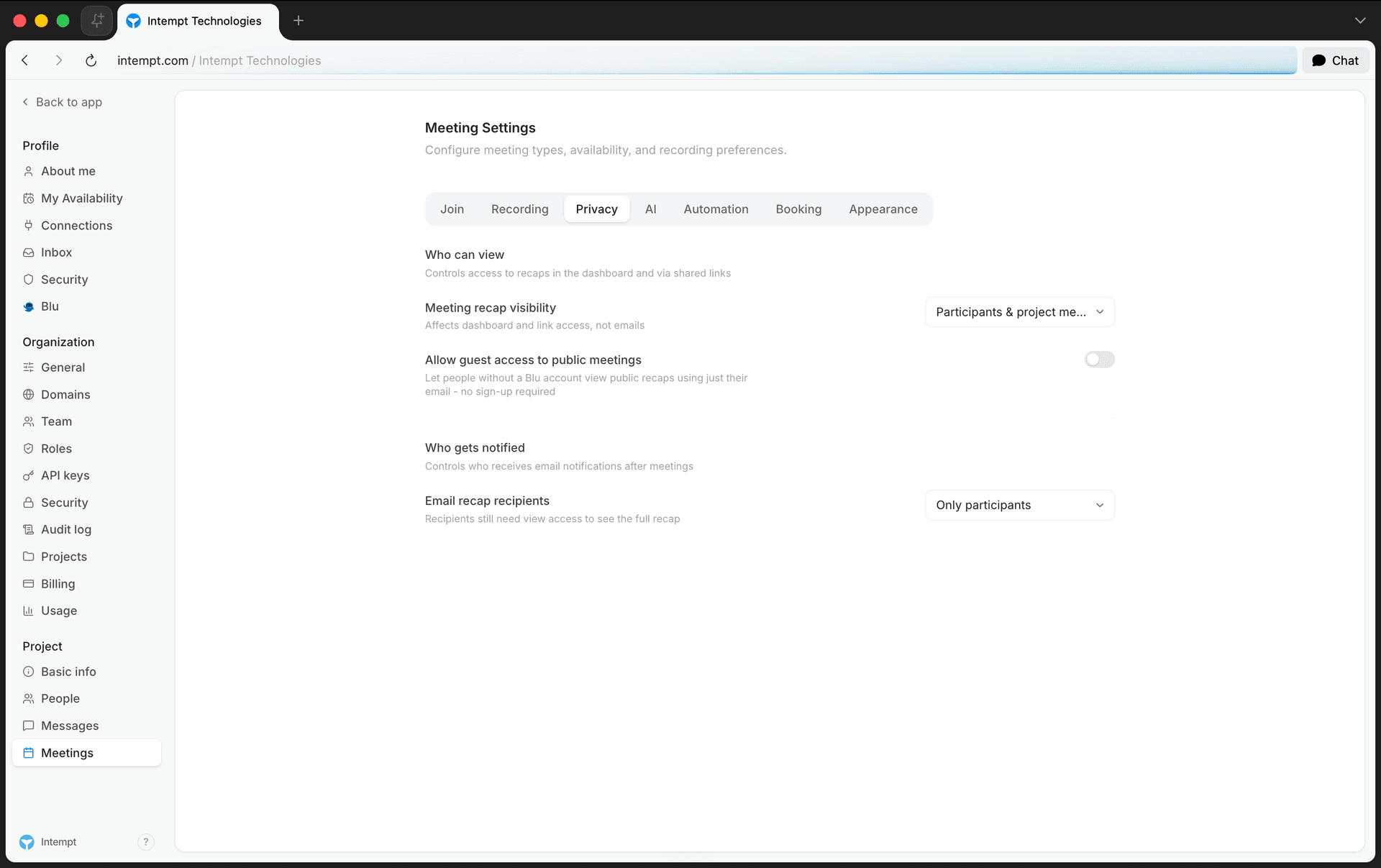 privacy tab recap visibility guest access email recipients - sharing calls and coaching teammates - Intempt documentation