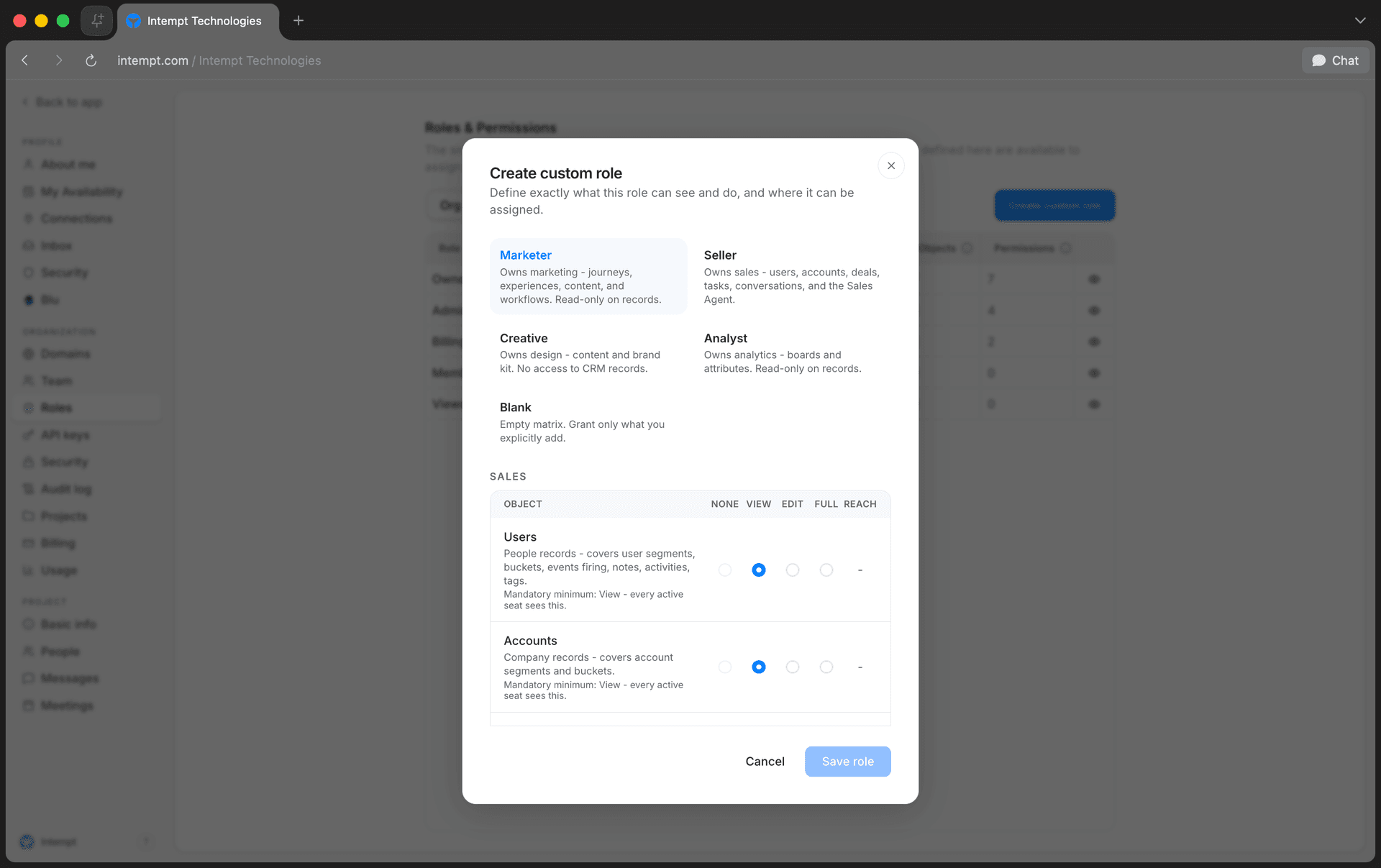 create custom role scope permission matrix - access management - Intempt documentation