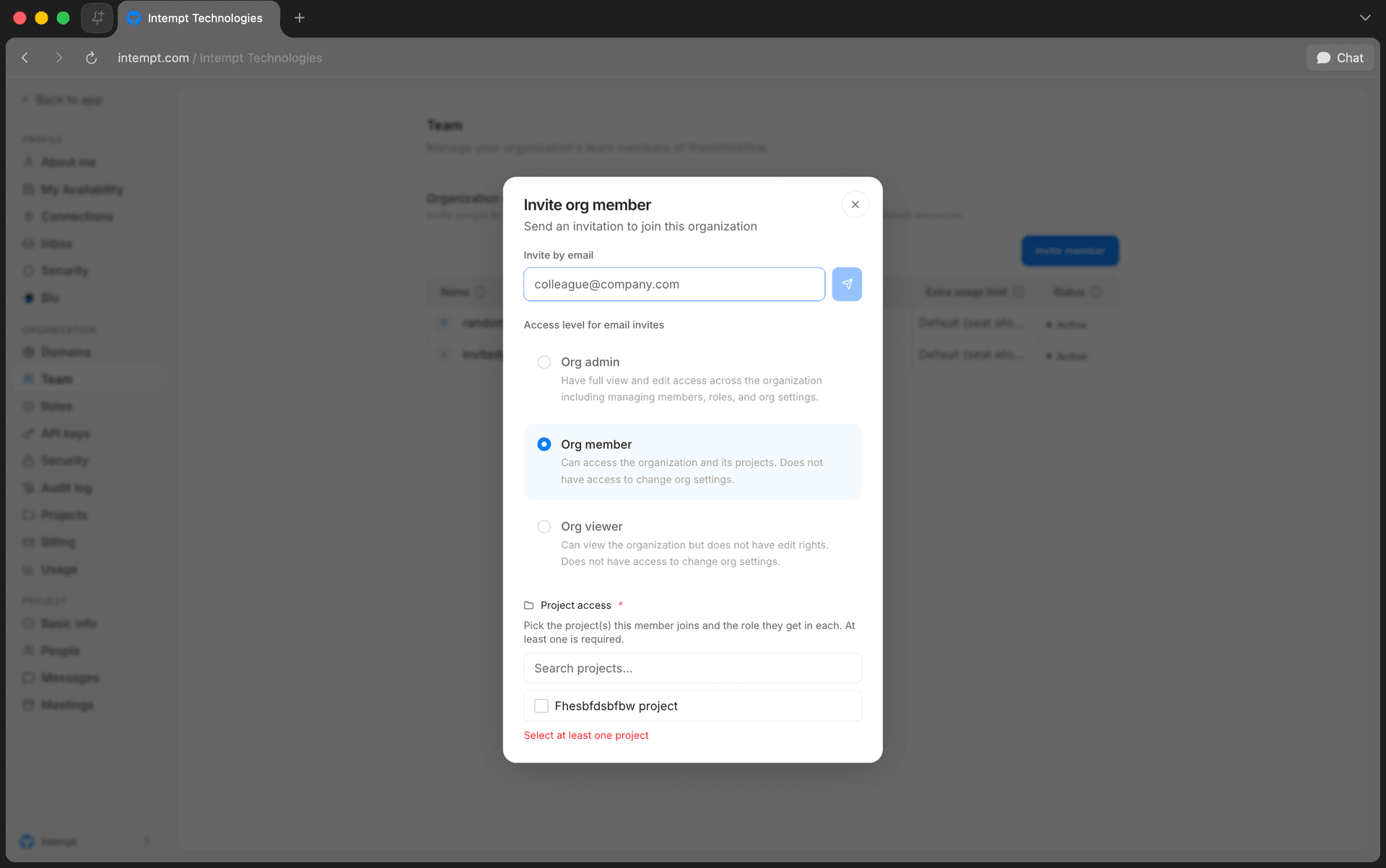 invite org member role project access - access management - Intempt documentation