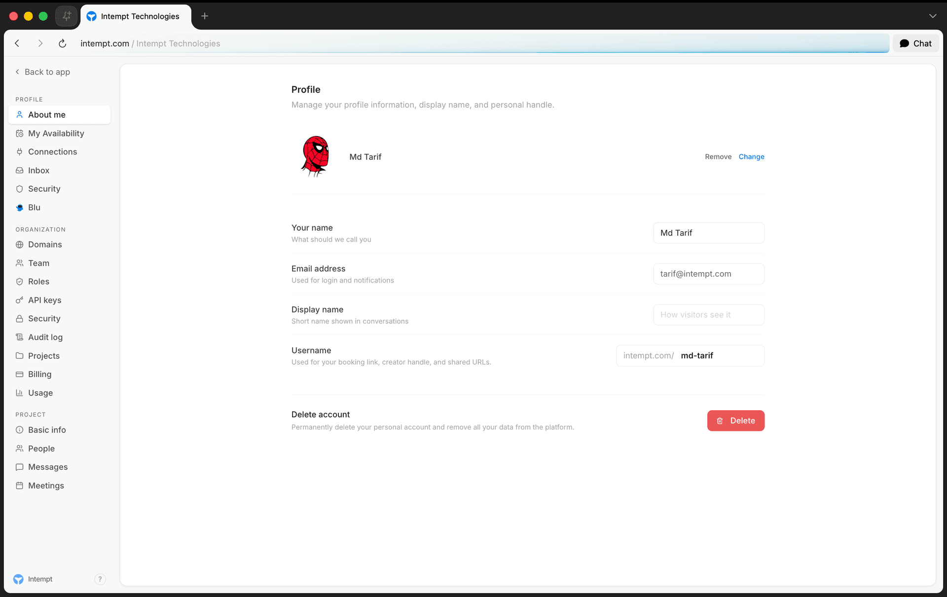 org settings six sections sidebar - organizations projects - Intempt documentation