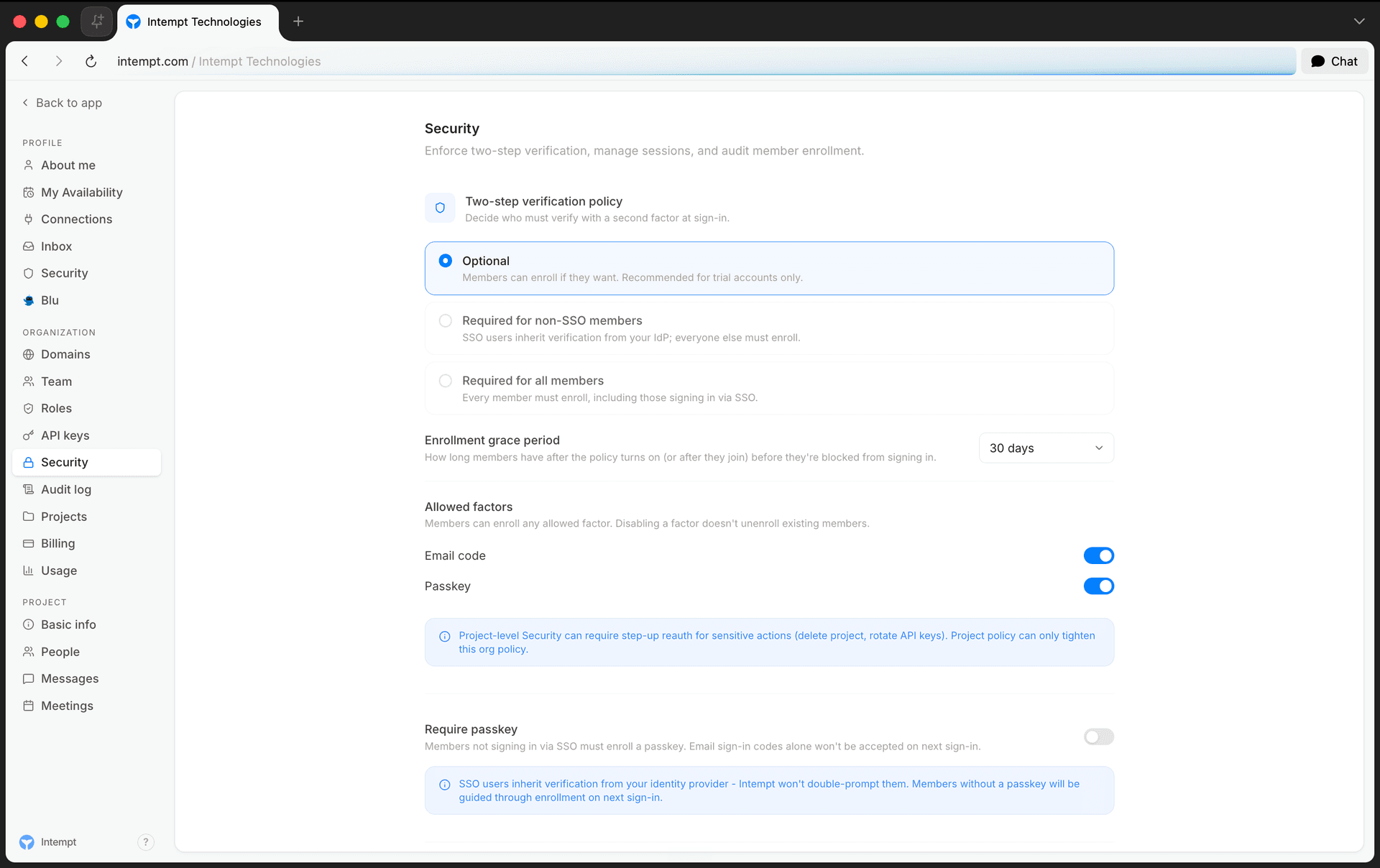 security two step verification factors passkey - organizations projects - Intempt documentation