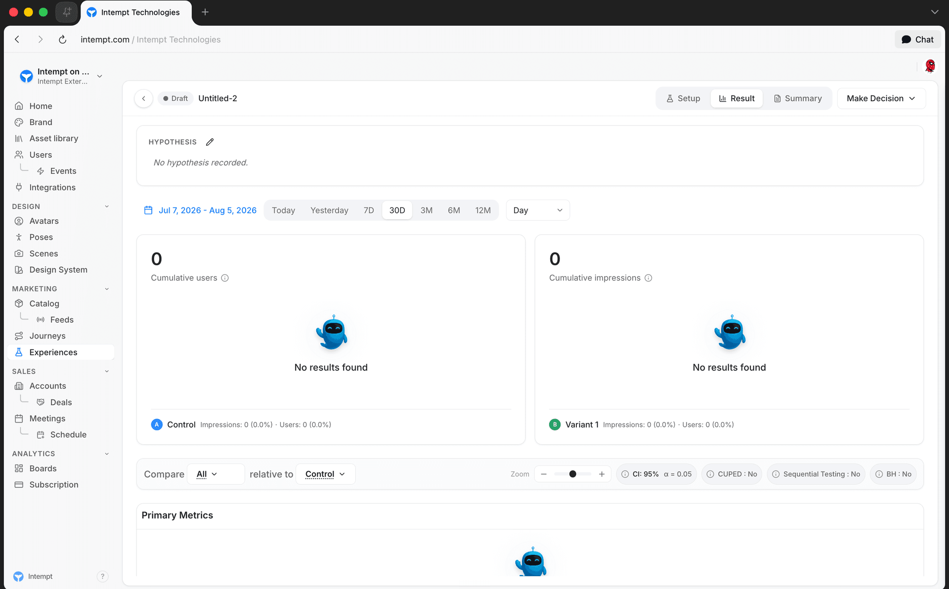 experience details result tab active - personalizations analytics - Intempt documentation