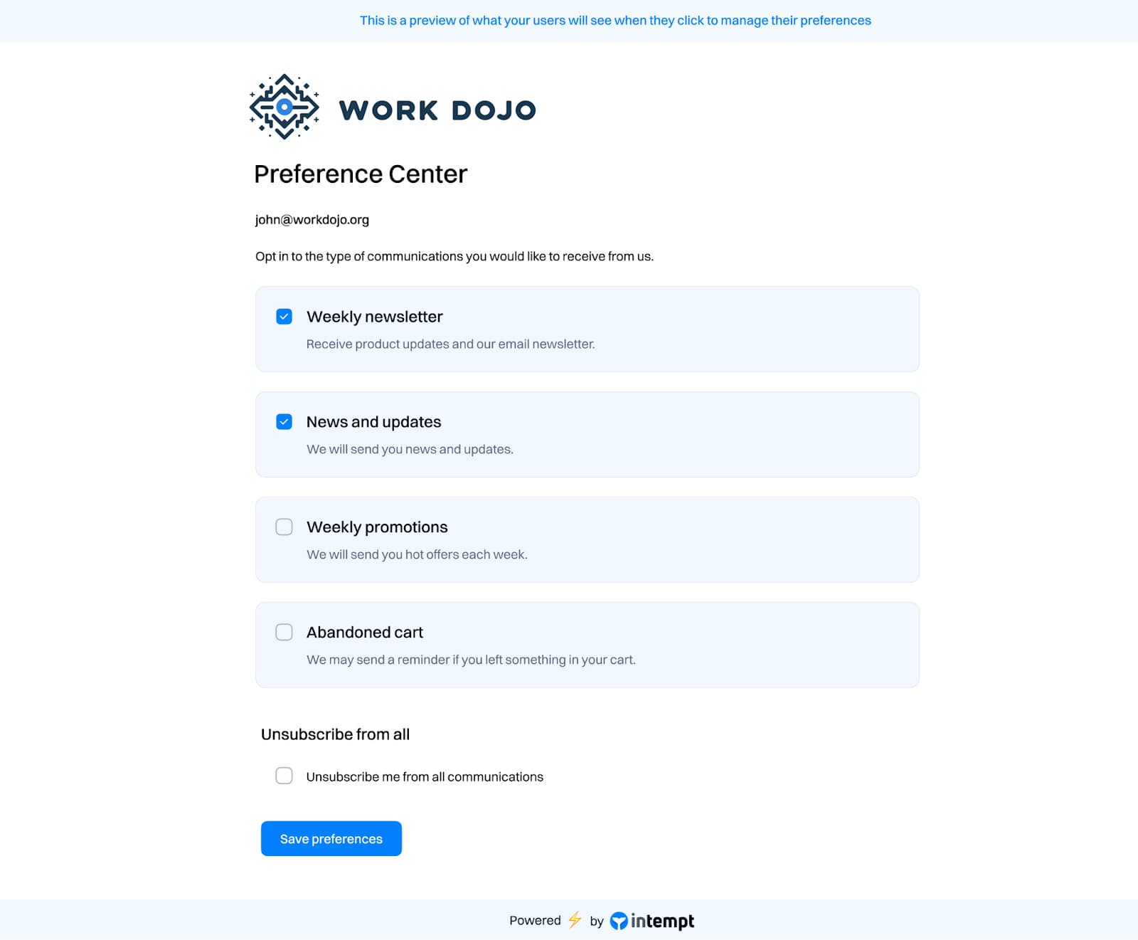 preference center preview opt in - managing the preference center - Intempt documentation