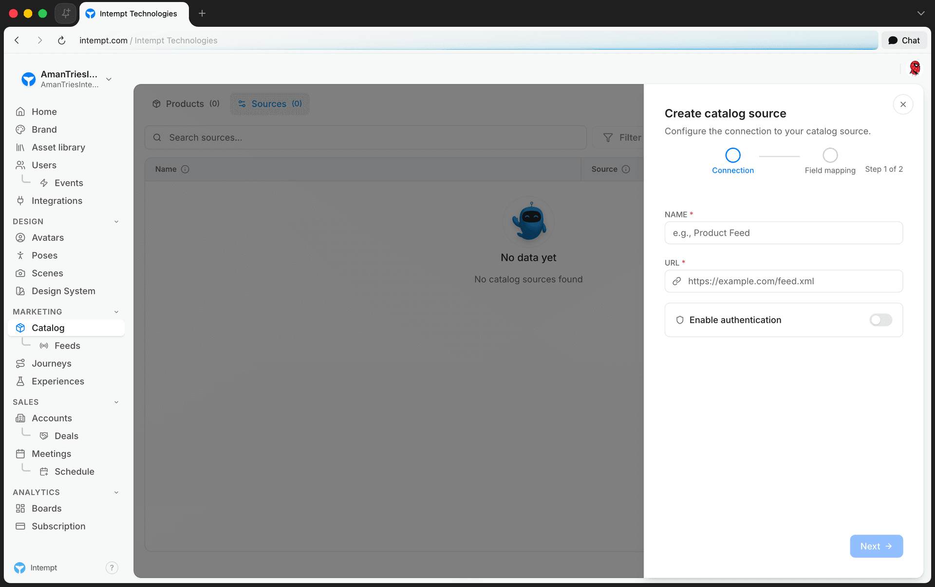 create catalog source form name url auth - creating a custom catalog source - Intempt documentation