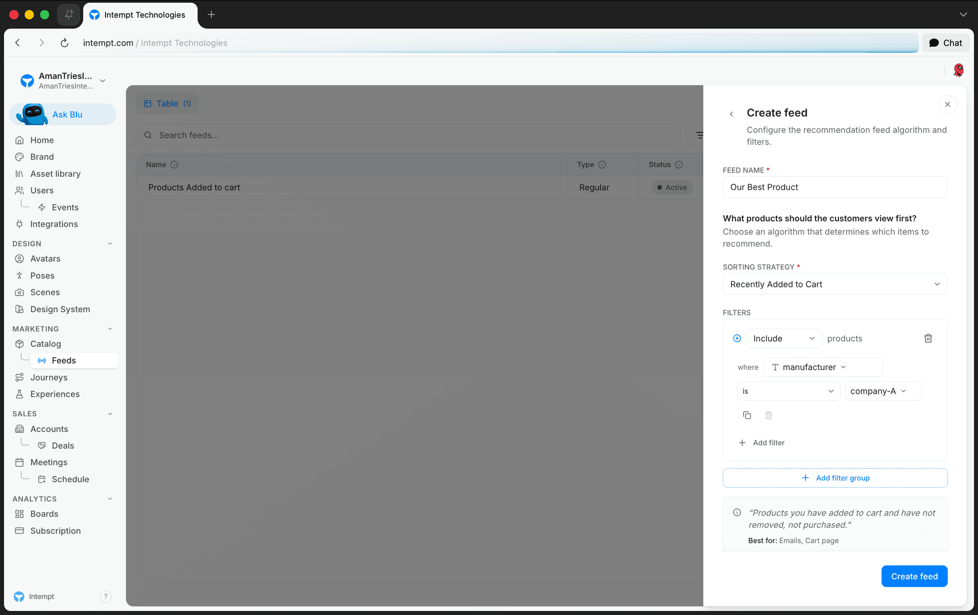 create feed panel algorithm info card filter group - creating a product feed - Intempt documentation