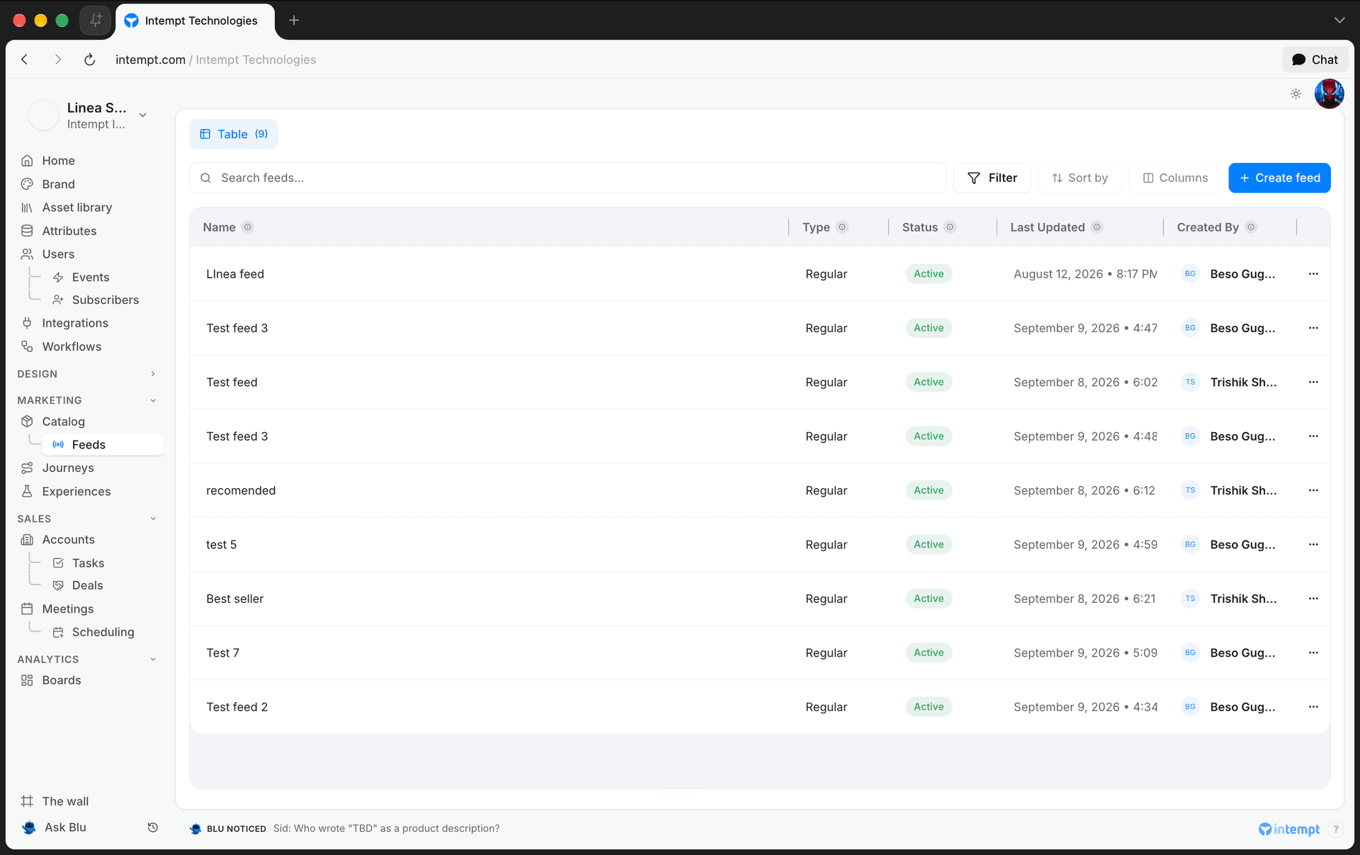 feeds list type status created by 6 oct 2026 - creating a product feed - Intempt documentation